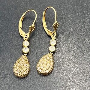 Mexico Signed 14K Yellow Gold Clear Champagne Diamond Dangle Drop Earrings 2.6g
